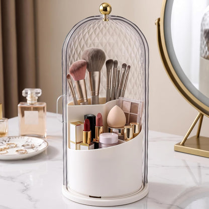 QIYVLOS Toothbrush Holders with Sliding Lid, Rotating 3 Slots Bathroom Organizer Countertop, Tooth Brush Toothpaste Holder Bathroom Counter Stand Caddy for Vanity Makeup Brushes Holder (White)