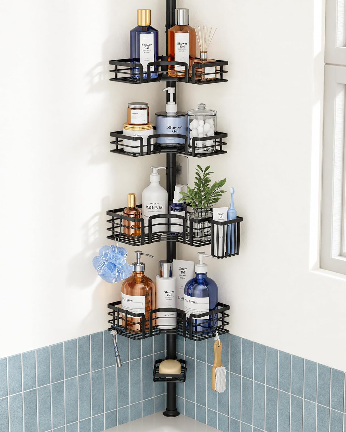 SWTYMIKI Shower Caddy Tension Pole - 4-Tier Corner Shower Organizer Tension Rod with Soap Holder, Toothbrush Holder & 4 Hooks, Adjustable Stainless Steel Bathroom Organizer 27.6 to 108.3 inch, Black