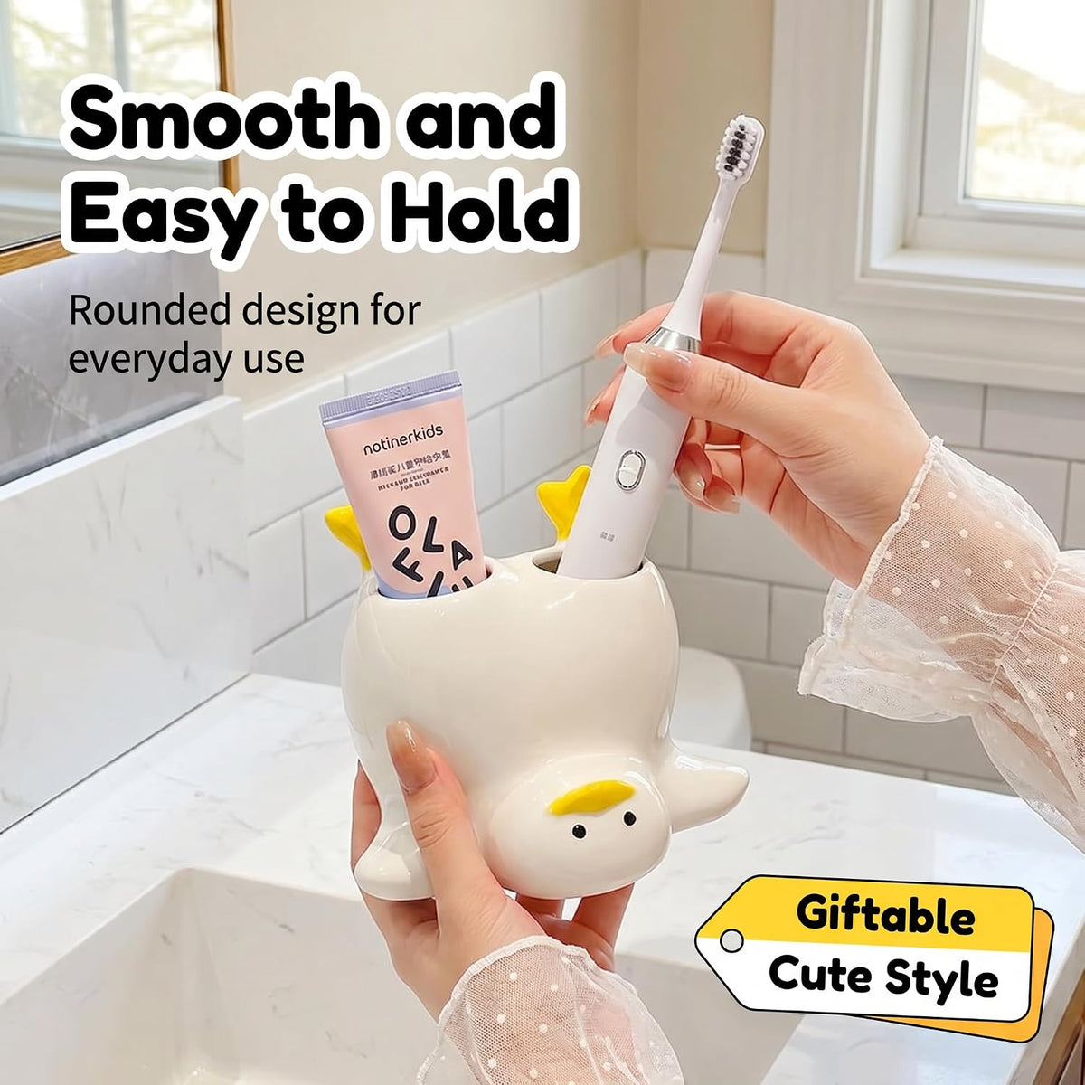 Cute Duck Toothbrush Holder,Ceramic Cartoon Duck Bathroom Decor for Kids