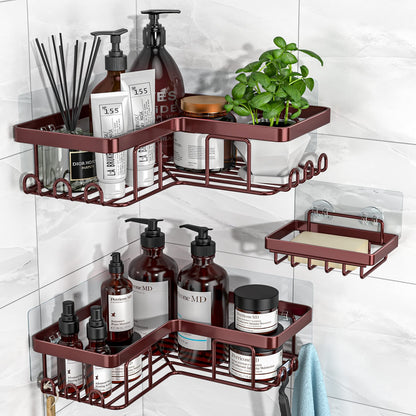 YASONIC Corner Adhesive Shower Caddy, with Soap Holder and 12 Hooks, Rustproof Stainless Steel Bathroom Organizer, No Drilling Wall Mounted Rack, Black, 3-Pack