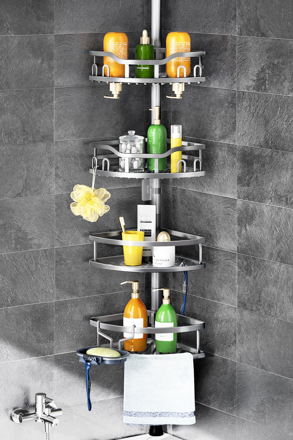 HAMITOR Corner Shower Caddy Tension Pole: Rustproof Stable 4-Tier Bathroom Organizer Shelves for Bathtub Shampoo Storage - 47-121 Inch Quick Install Adjustable Standing Rack with Soap Rack - Black