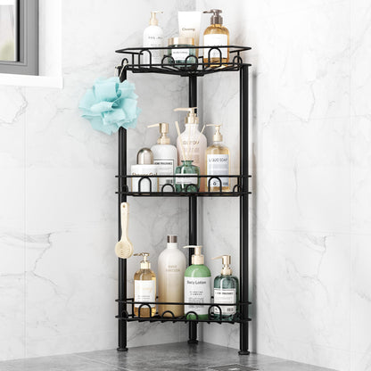 SWTYMIKI Standing Shower Caddy Corner - 3‑Tier Stainless Steel Shower Organizer Shelf with 12 Hooks and Adhesive Pads, Rustproof Corner Shelves Stand Rack for Bathroom Shower Room, Black