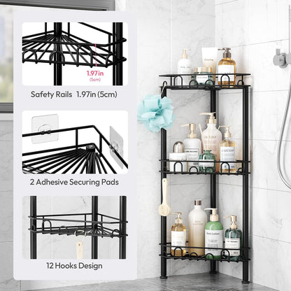 SWTYMIKI Standing Shower Caddy Corner - 3‑Tier Stainless Steel Shower Organizer Shelf with 12 Hooks and Adhesive Pads, Rustproof Corner Shelves Stand Rack for Bathroom Shower Room, Black