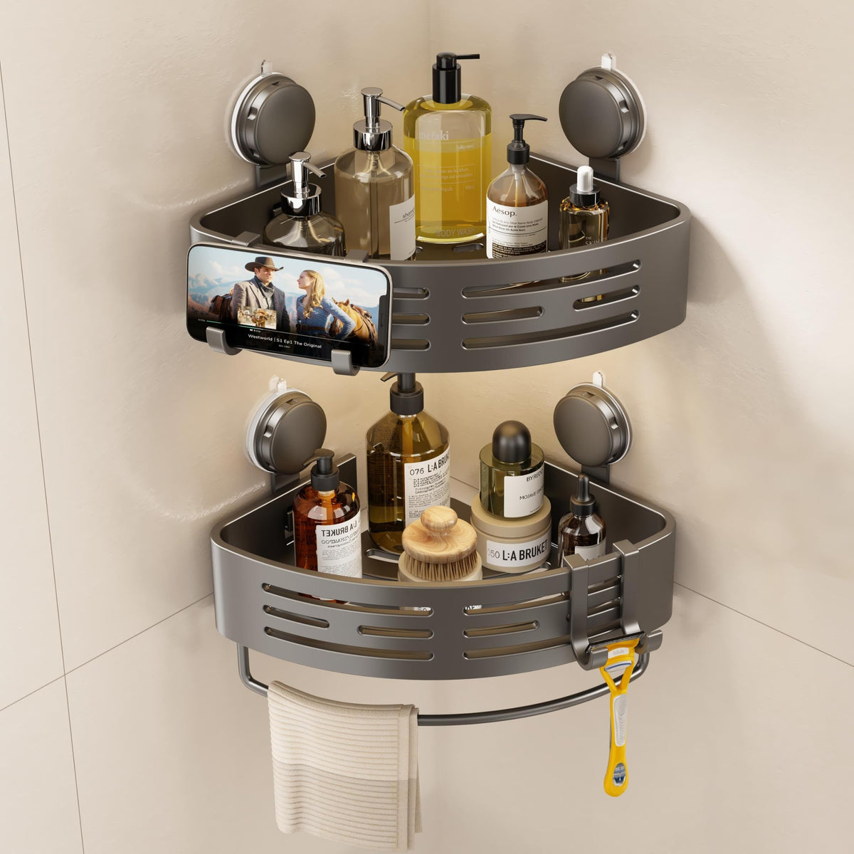 VOLPONE Corner Shower Caddy Suction Cup Shower Shelf Corner No Drilling Bathroom Shower Organizer Storage Rack Adhesive with Towel Bar Hooks (2-Pack,Gray)