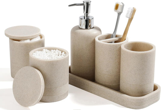 Bathroom Accessories Set, 6-Piece Bathroom Accessory Set, Toothbrush Holders Set, Soap Dispenser, Vanity Tray, Tumbler, Cotton Swab Jars, Bathroom Organizer for Modern Bathrooms(Beige)