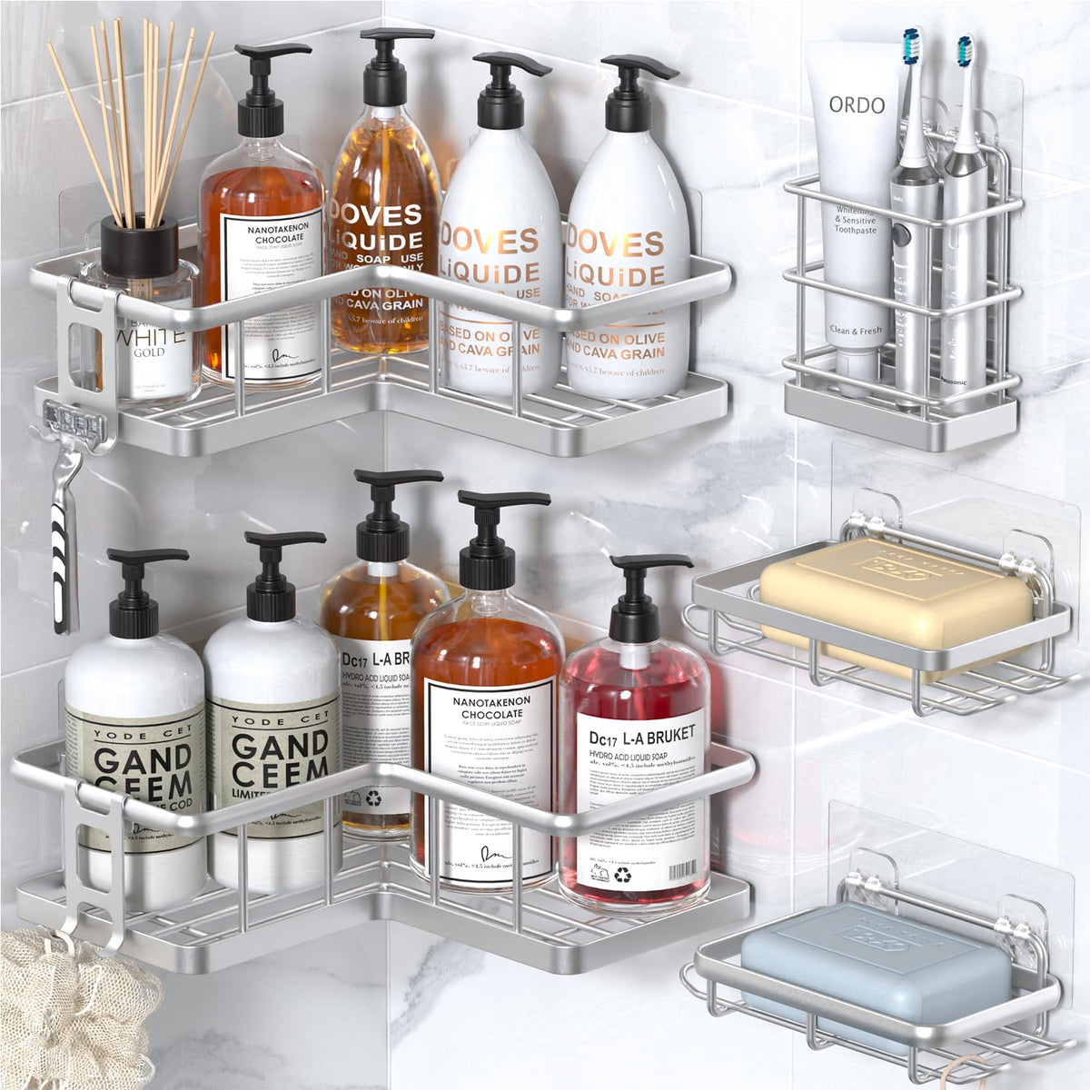 YASONIC Corner Shower Caddy Adhesive, 100% Rustproof Shower Organizer, No Drill Shower Shelf for Inside Shower, Wall-Mounted Shower Storage for Homes (2 Pack, White)