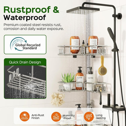 HAMITOR Shower Caddy Tension Pole, 4-Tier No Drill Corner Shower Organizer