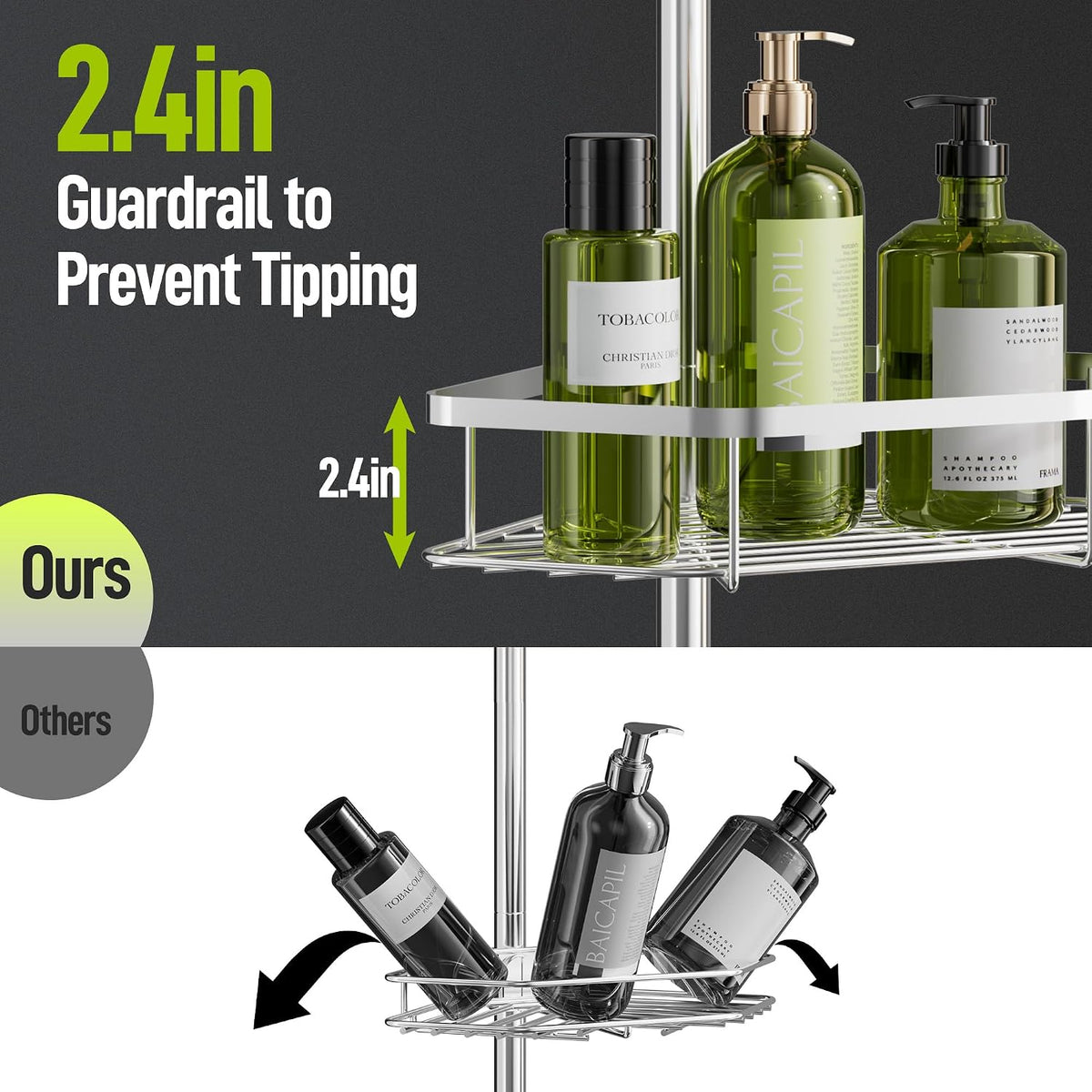 LAMU Corner Shower Caddy Tension Pole, 4-Tier Stainless Steel Organizer