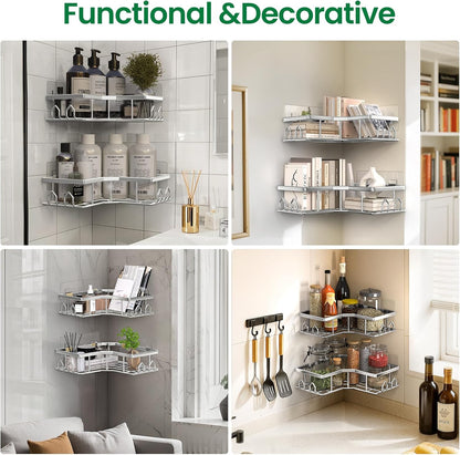 Adhesive Shower Caddy, 2 Pack Corner Bath Organizer, Rustproof Stainless Steel Shower Shelves with Large Capacity, No Drilling Shelves for Bathroom Storage, Home, Kitchen Decor (Silver).