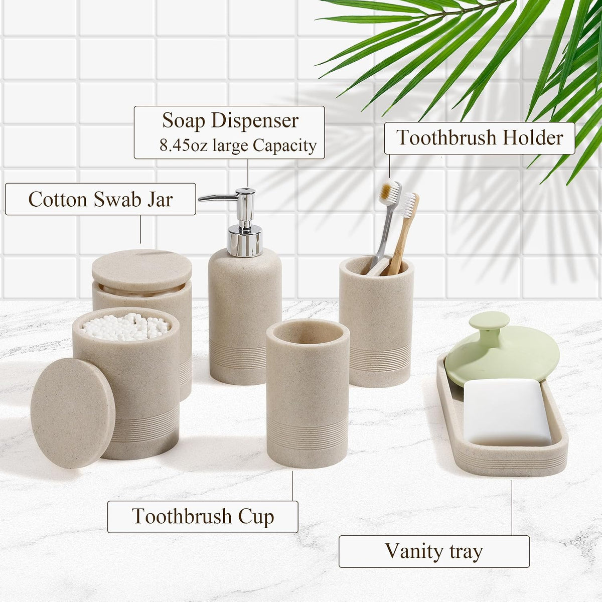 Bathroom Accessories Set, 6-Piece Bathroom Accessory Set, Toothbrush Holders Set, Soap Dispenser, Vanity Tray, Tumbler, Cotton Swab Jars, Bathroom Organizer for Modern Bathrooms(Beige)