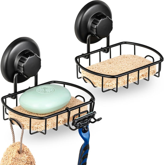 HASKO 2 Pack Suction Cup Soap Dish for Shower Wall, Rustproof Stainless Steel, Shower Soap Holder with Hooks, Includes Optional No Drill Adhesive Mount for Bathroom, 2 Soap Savers, Black