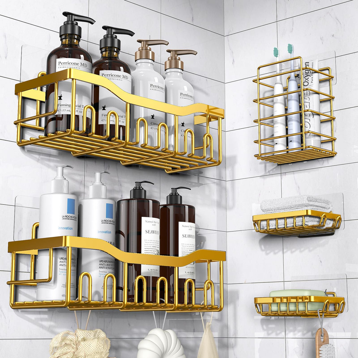 EUDELE Adhesive Shower Caddy, 5 Pack Rustproof Stainless Steel Bath Organizers With Large Capacity, No Drilling Shelves for Bathroom Storage & Home Decor
