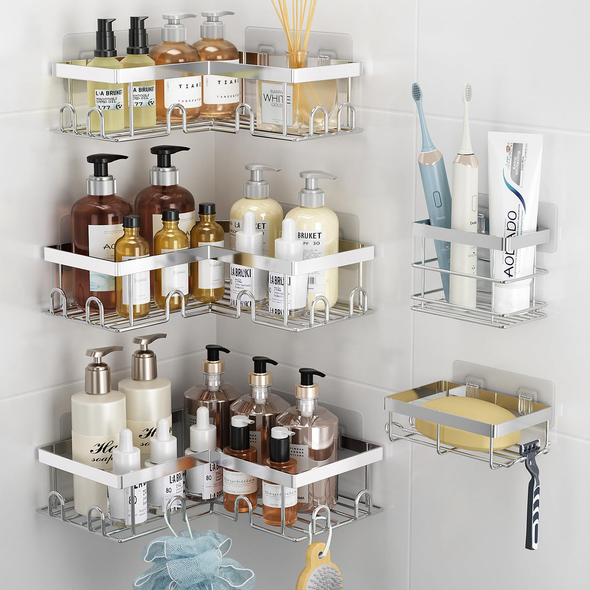 Liuoud Corner Shower Caddy 5 Pack Adhesive Stainless Steel Organizer Black